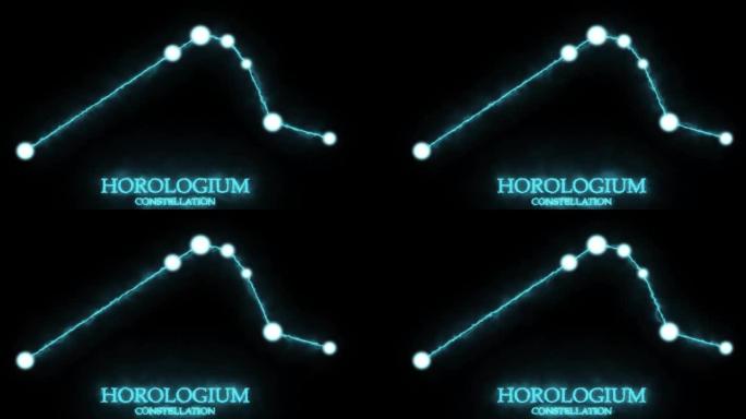 Horologium星座。光线，激光闪耀蓝色。夜空中的星星。星系团。横向构图，4k视频质量