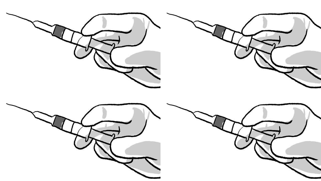 动画手持注射器制作白板风格的疫苗，社交视频和covidfree主题的理想镜头
