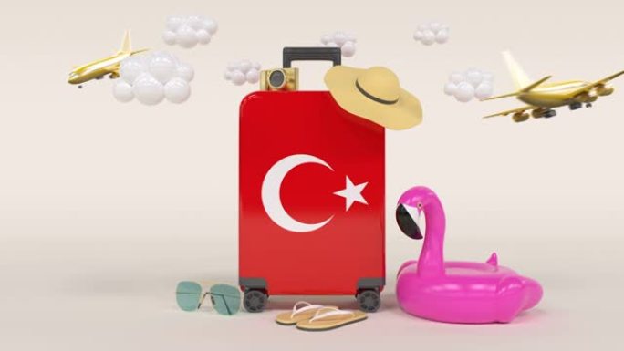 带土耳其国旗手提箱的3D循环假日概念
