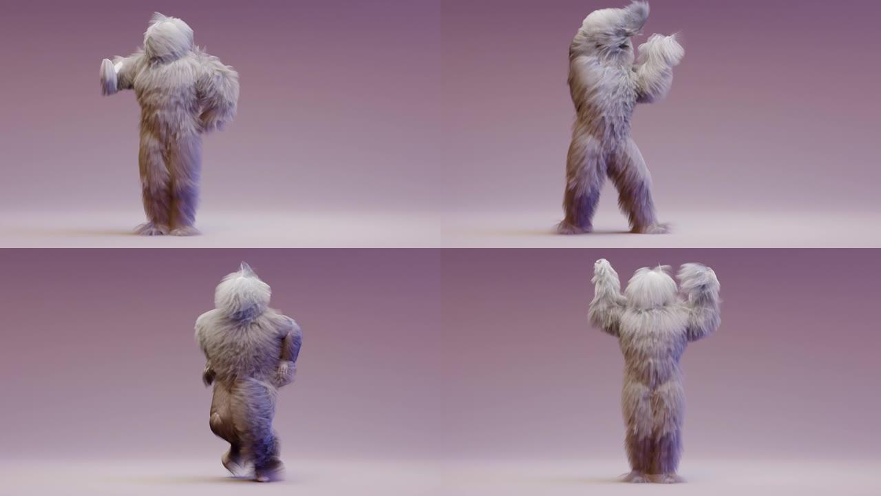 多毛的怪物舞蹈剪辑孤立。毛皮明亮有趣蓬松的角色，毛皮，全头发，雪人，3d渲染。偷偷溜出去。循环动画