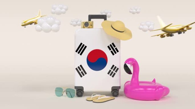 带韩国国旗手提箱的3D循环假日概念