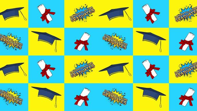 祝贺毕业生漫画风格文字、毕业帽和文凭。