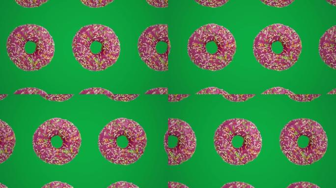 绿色背景上的粉色甜甜圈几何图案。简单的运动图形食物概念无缝循环动画
