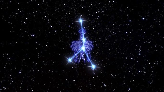 十二生肖巨蟹座是由发光线连接的明亮恒星的星座。宇宙夜空中黄道十二宫星座的动画。星座和星座的象征。