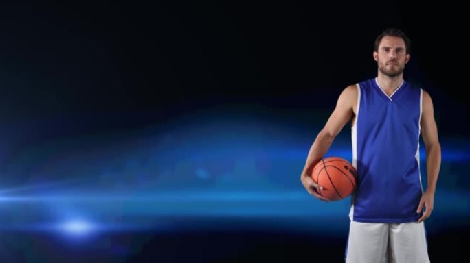 白种人男子篮球运动员持球动画，蓝底带脉冲光