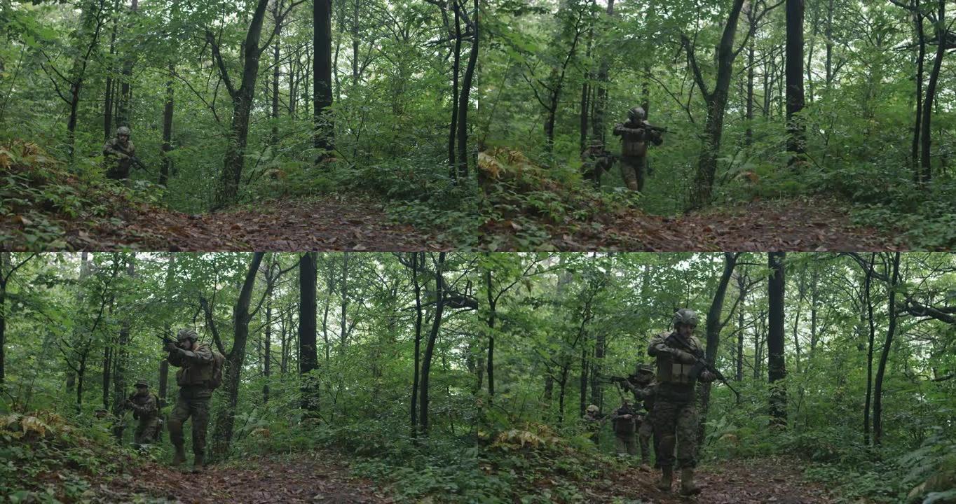 士兵在森林中移动，战术作战概念的战争和攻击
