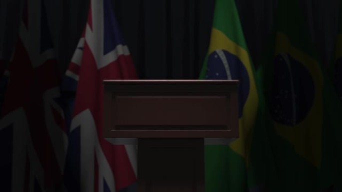 许多巴西和英国国旗背后的发言人论坛，3D动画