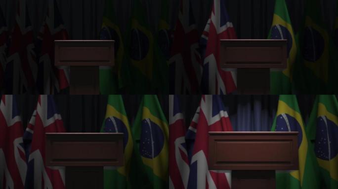 许多巴西和英国国旗背后的发言人论坛，3D动画