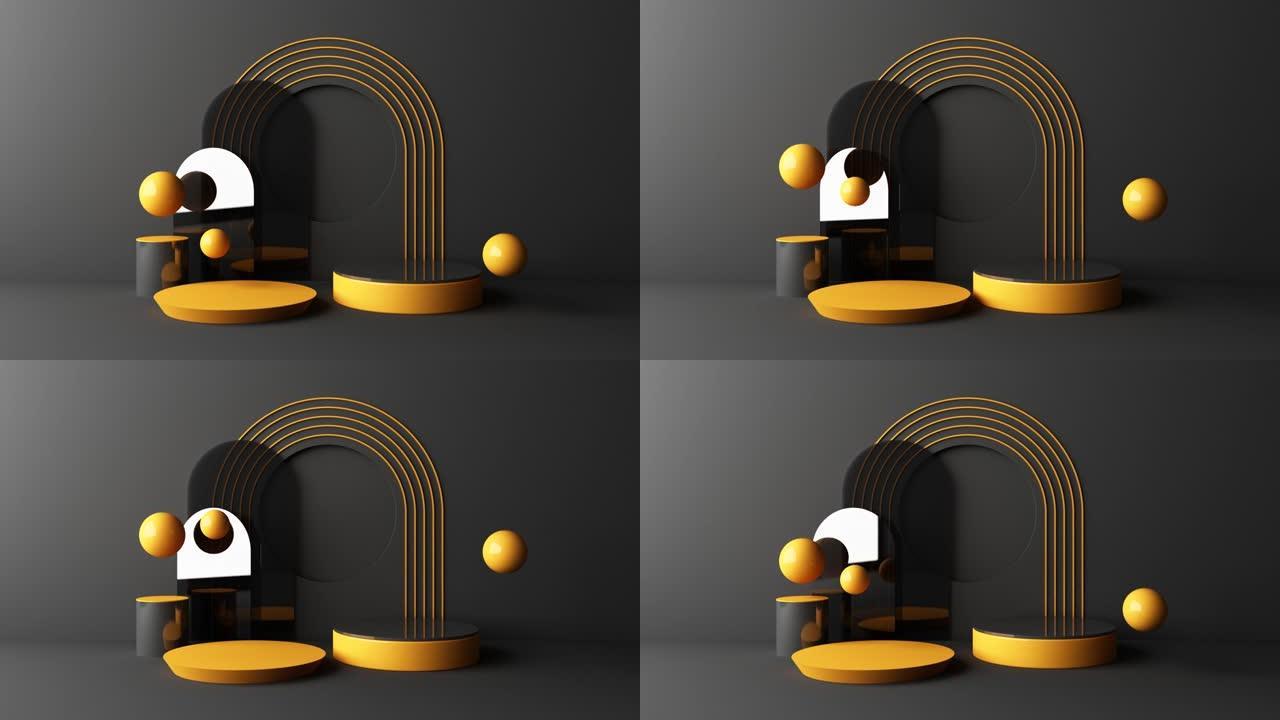 模拟几何形状金色和玻璃纹理，带黑色讲台，用于产品设计、3d渲染、3d插图动画循环