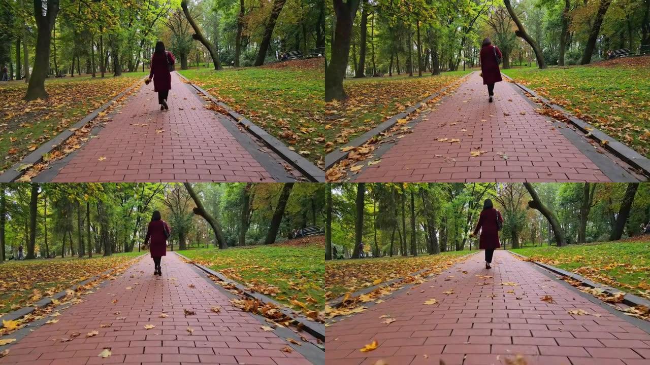 年轻女子走在秋天的城市公园
