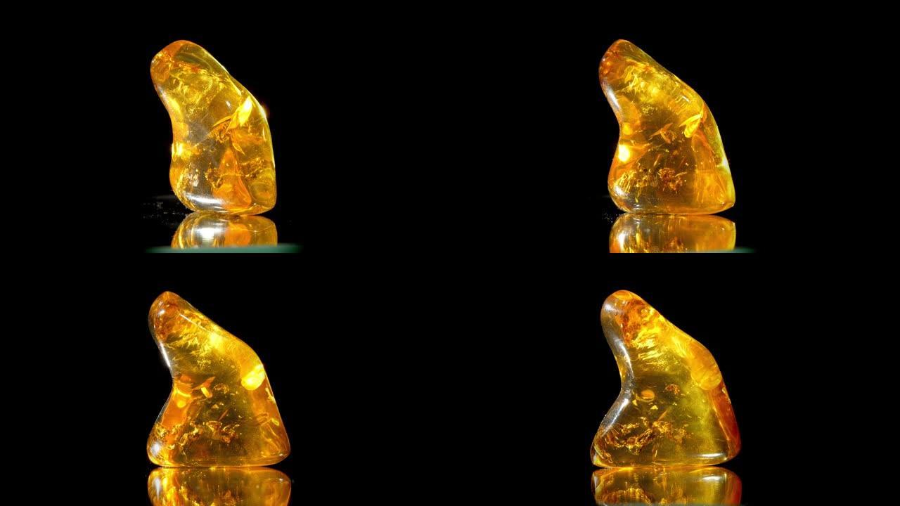 透明黄色天然琥珀石，带小气泡