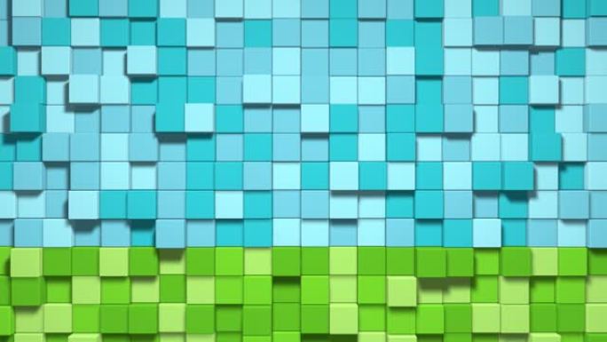 电子游戏几何镶嵌波浪图案。利用绿草块、蓝天建造丘陵景观。像素背景。《我的世界》风格。4k的3d动画循