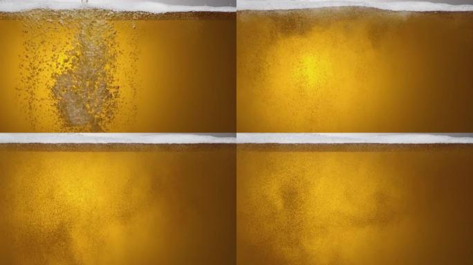 一杯啤酒内容物的特写。啤酒慢慢倒入玻璃杯中，引起大量气泡，波浪和泡沫。