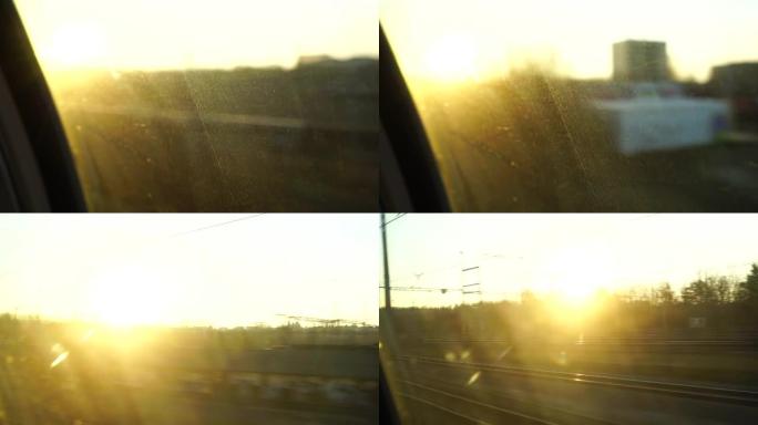 从日内瓦到洛桑的铁路边的金色日出早晨场景