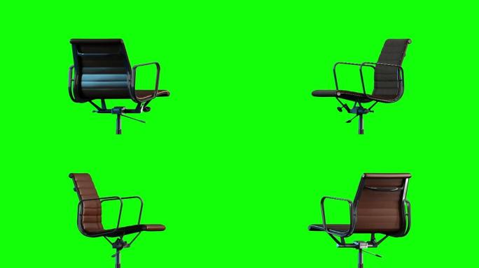 4k现代钢和皮革办公椅静态旋转中心。循环。色度键为绿色背景。