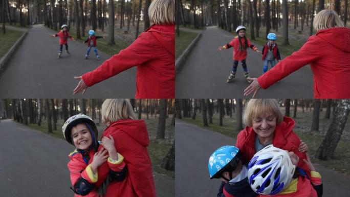 快乐的孩子和祖母一起在公园骑旱冰鞋，春季户外活动