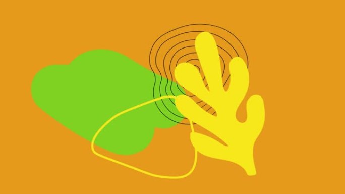 橙色背景上移动的绿色和黄色抽象形状和线条的动画