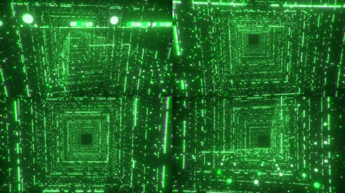 数字技术隧道。3D大数据数字广场走廊与未来矩阵。二进制代码粒子网络。运动和通信技术背景。闪烁的粒子。