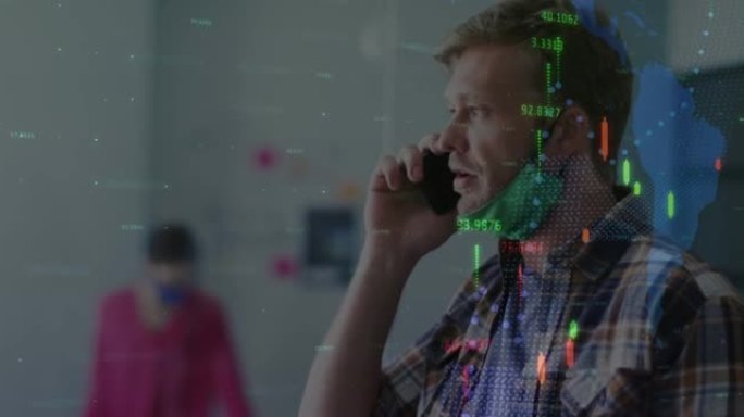 在办公室戴着口罩的智能手机上聊天的人的统计记录动画