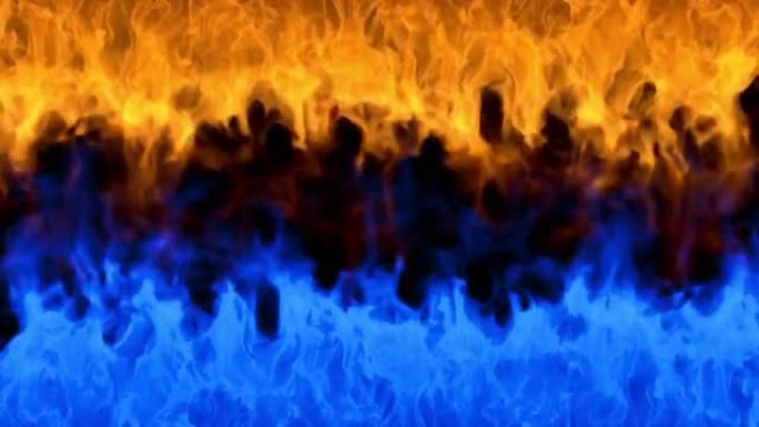 黑色背景上的火焰。燃烧的火焰。火、光与生命主题的抽象背景。炽热的橙色蓝色发光。强烈的火力。燃烧的篝火