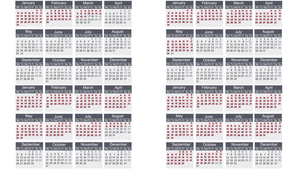 日历2022年。几天、几周和几个月的动画。卡通