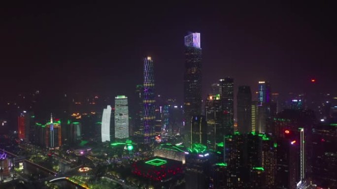 夜间照明广州市著名的现代市中心空中全景4k中国