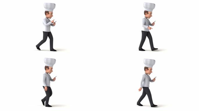 有趣的3D卡通厨师用智能手机行走