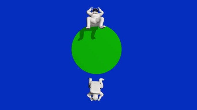 宇航员绕着一块空白的绿色圆板旋转，带有文本空间，蓝屏Chromakey