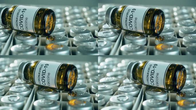 装有抗冠状病毒疫苗或其他药房药物的医用小瓶，可在整箱瓶子上出售