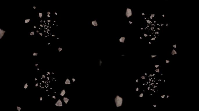 在黑色背景上飞行许多石头。破碎的飞溅爆炸。挑战概念。石头飞溅旋转的3D动画。循环动画。
