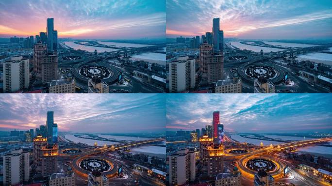 中国哈尔滨公路大桥冬季日转夜延时风光