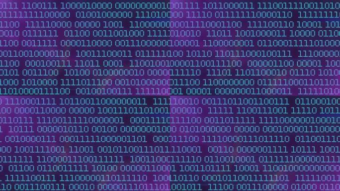 二进制代码矩阵背景，蓝色数字在屏幕上移动。算法二进制，数据代码，解密和编码，行矩阵抽象背景