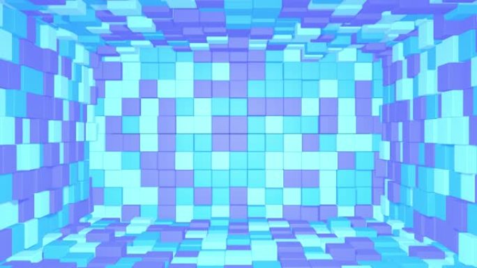 抽象房间内部配有蓝紫色立方体。盒子立方体随机几何背景。方形像素马赛克背景。地块。你的项目模型。4k的