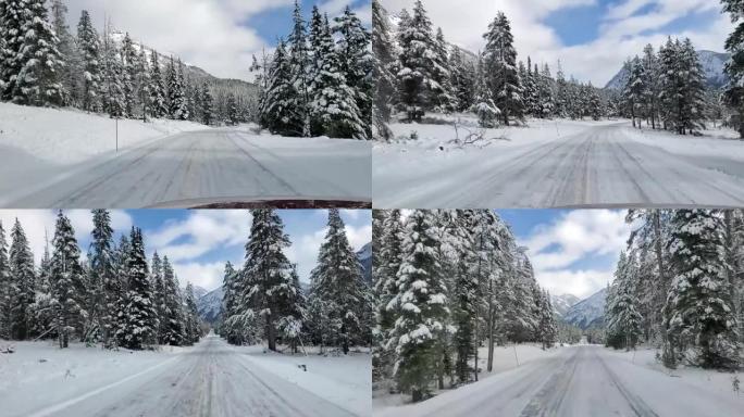 冬季在黄石公园沿着积雪覆盖的高速公路行驶