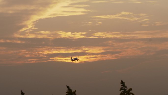 夕阳下飞机降落