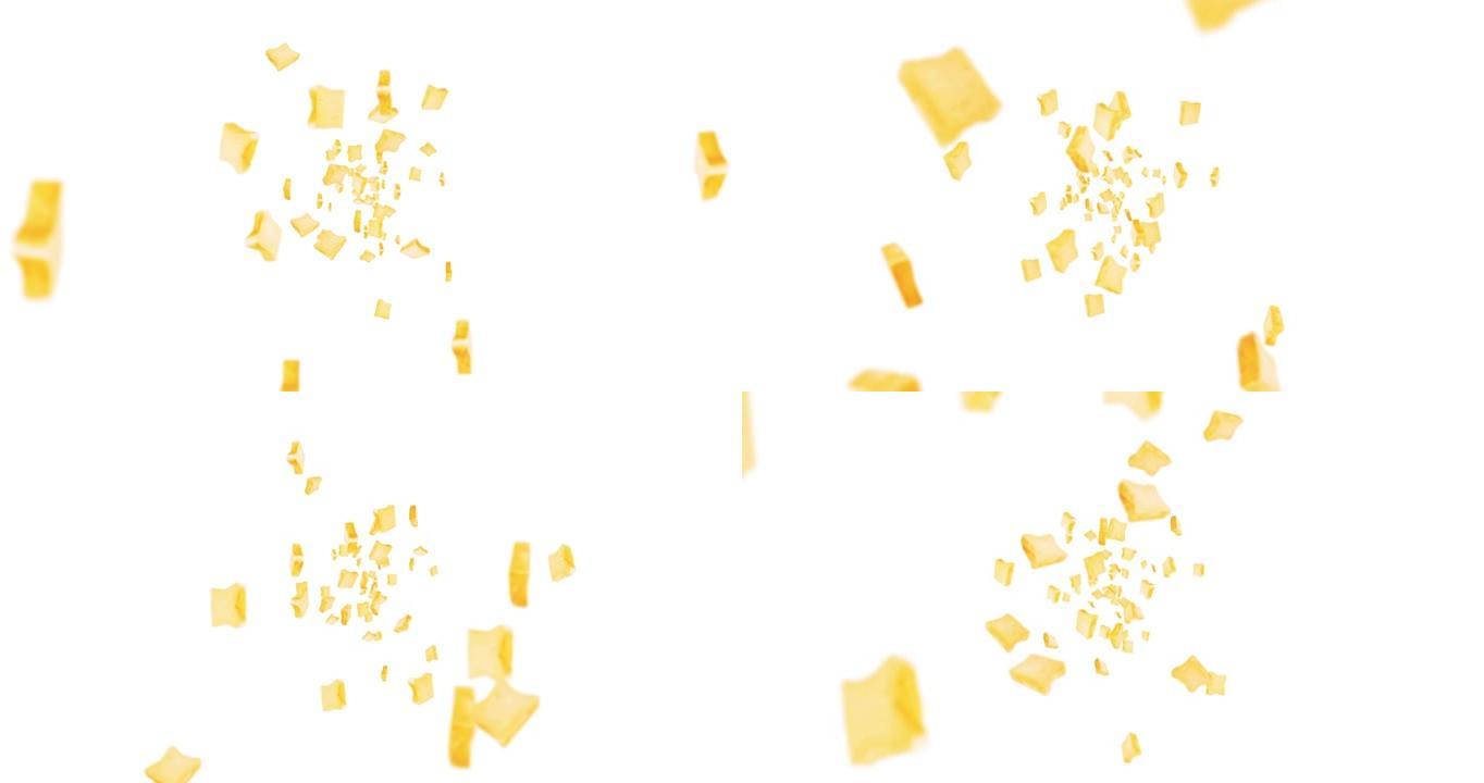 在白色背景上飞出许多普通的面包片。食品、食品和饮食概念。小麦面包片旋转的3D动画。循环动画。