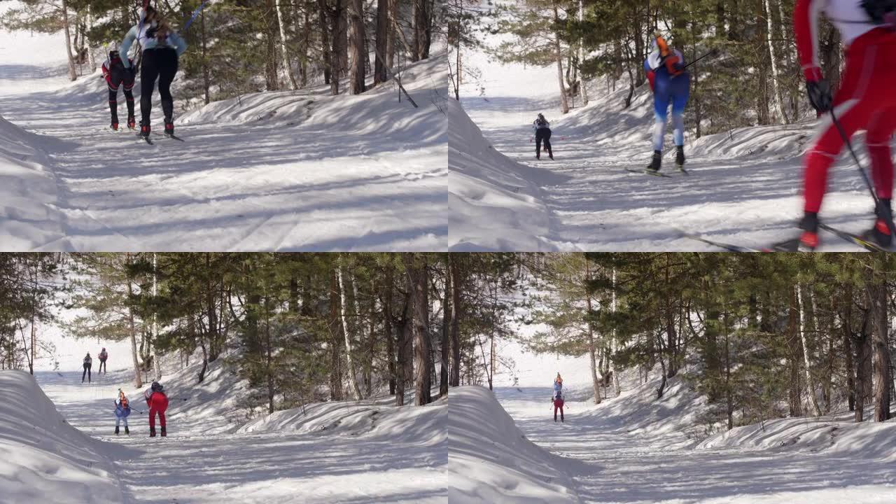 冬季两项比赛中滑雪者下坡滑雪