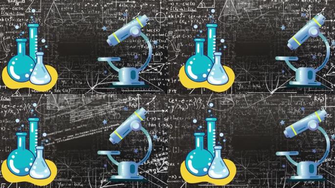 黑色背景上的数学方程式实验室设备图标的数字动画