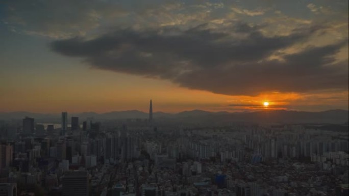 日落天空飞行首尔城市景观市中心空中全景4k延时韩国