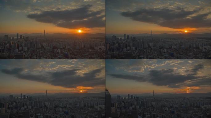 日落天空飞行首尔城市景观市中心空中全景4k延时韩国