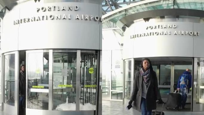一名民族女性旅行者离开机场的垂直视频