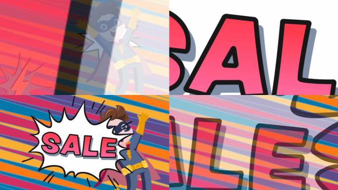 复古语音泡沫，超级英雄和条纹上粉红色字母的销售文本动画