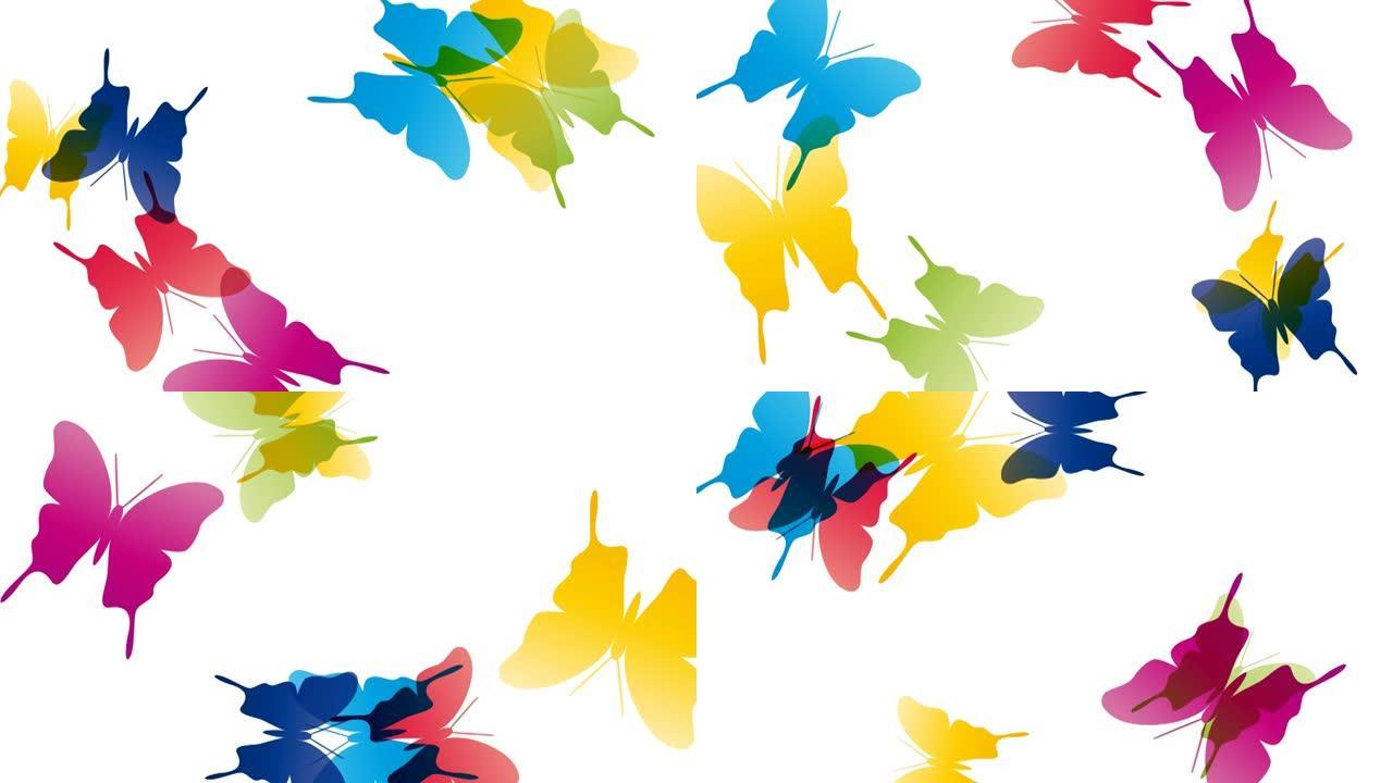 白色背景上的彩色飞蝶。动画抽象插图。春天