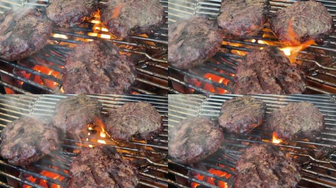 牛肉饼的高分辨率视频，在水壶木炭烤架上烹饪，制作美味的汉堡包。
