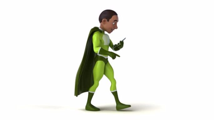 有趣的3D卡通超级英雄用智能手机行走