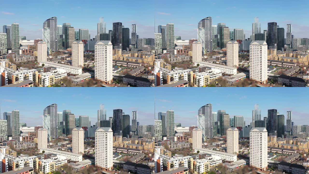 三脚架拍摄的东伦敦的高楼，高角度的无人机视图