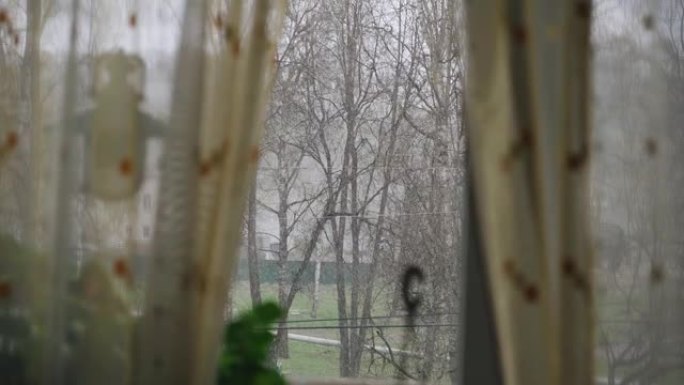 窗外，窗帘后面，雪突然开始下。相机移动平稳，以慢动作拍摄。