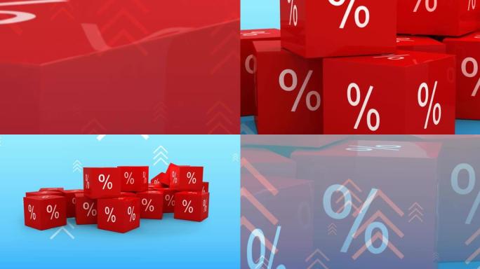 红色立方体上的百分比销售符号动画，蓝色背景上的白色箭头
