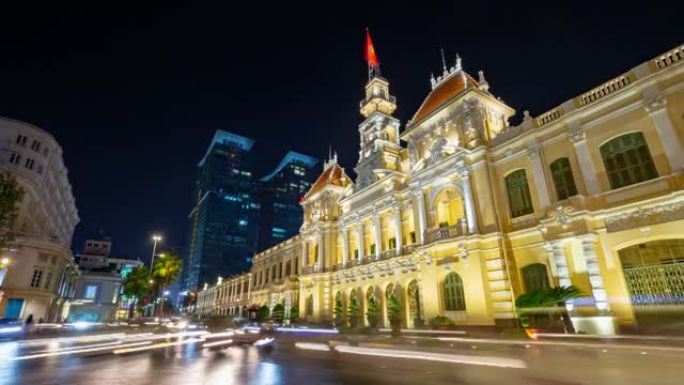 夜间照明胡志明市著名建筑广场全景4k越南