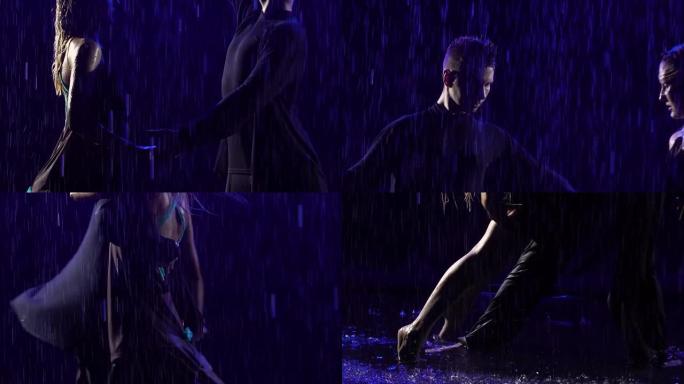 交际舞者在倾盆大雨中跳着热情的巴塔舞。一对年轻夫妇的剪影，湿衣服在黑色的工作室背景与水滴和蓝色的光。